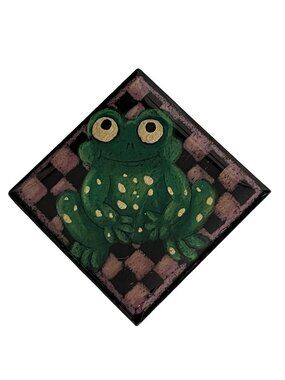 Hand Painted Frog Brooch Signed JB Green Frog Pin Wood Tile Art Jewelry